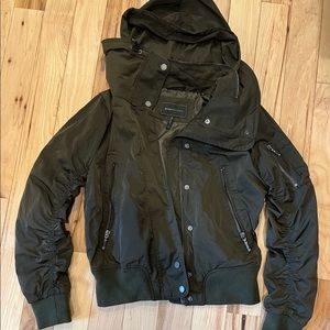 BCBGMAXAZRIA Army Green Bomber Jacket, hidden hood, Med.  Like new.